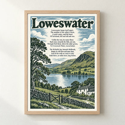 Loweswater poem print in a natural frame