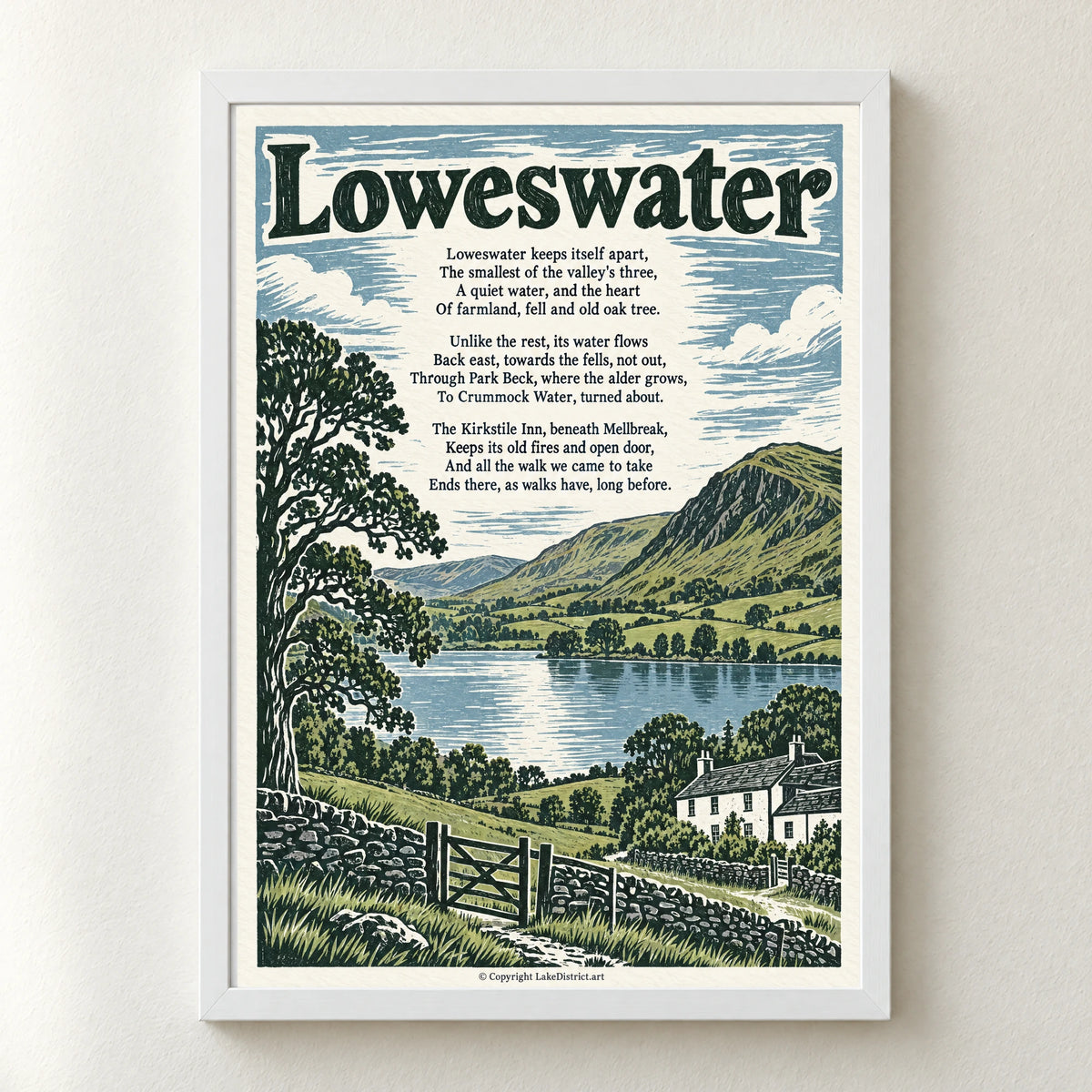 Loweswater poem print in a white frame