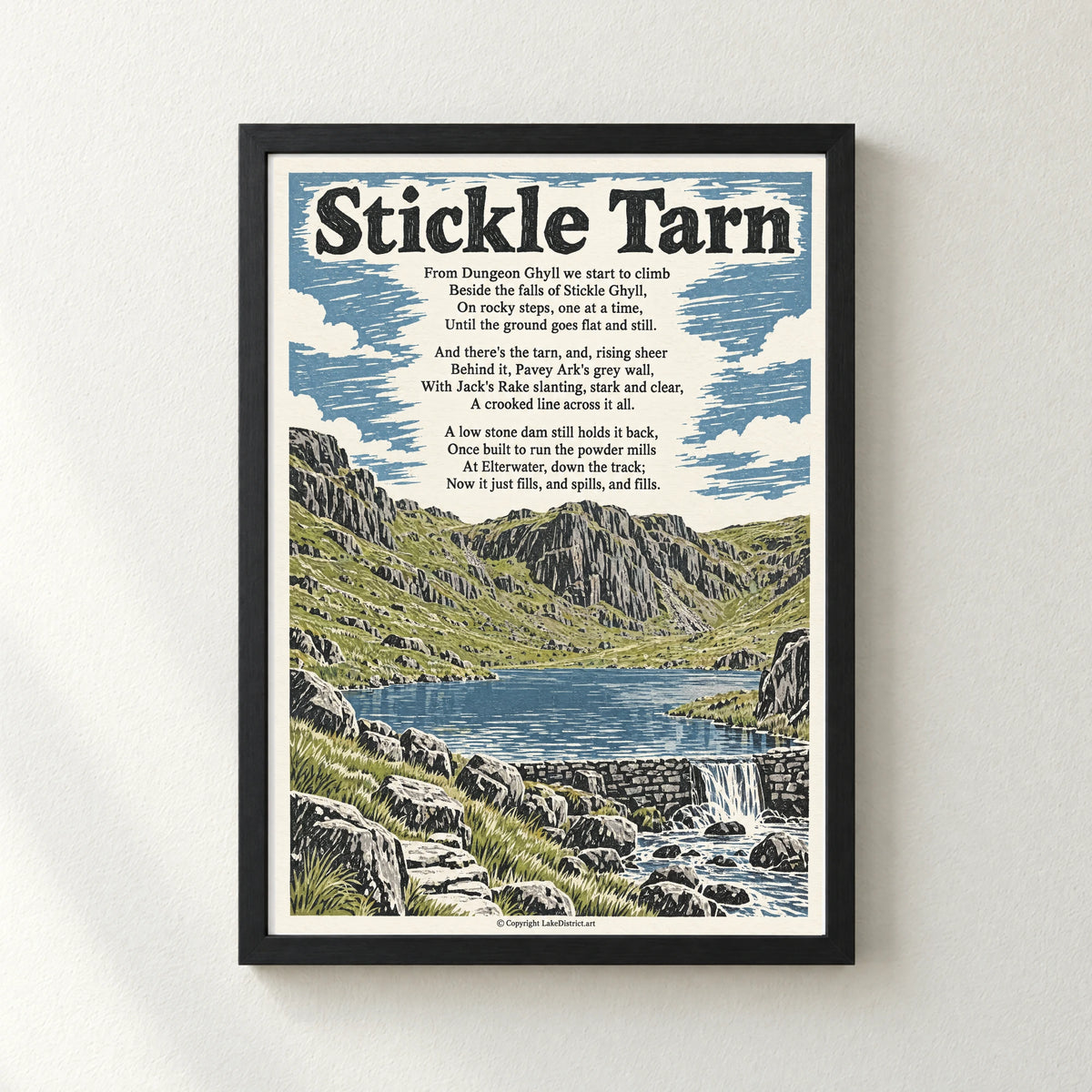 Stickle Tarn poem print in a black frame