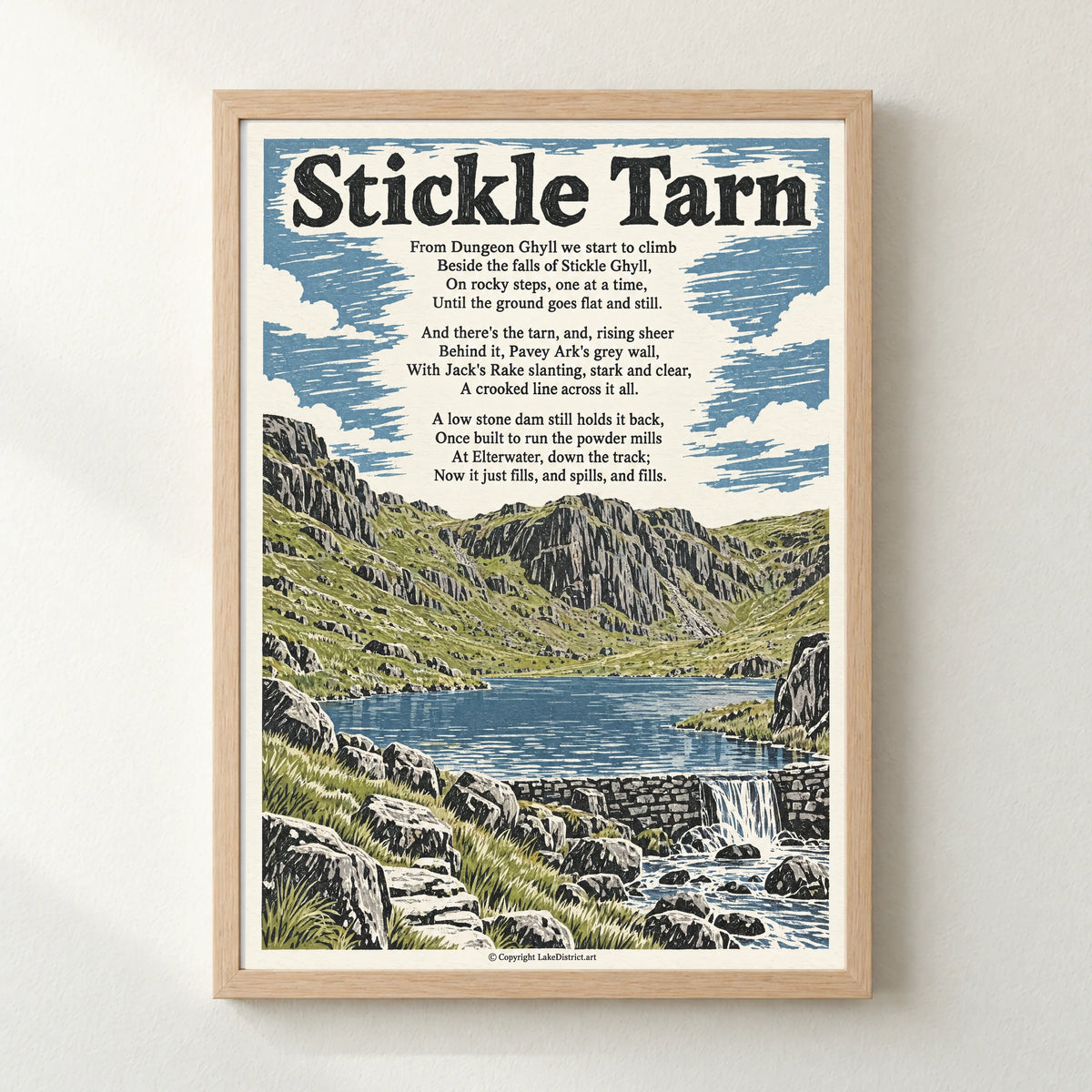 Stickle Tarn poem print in a natural frame