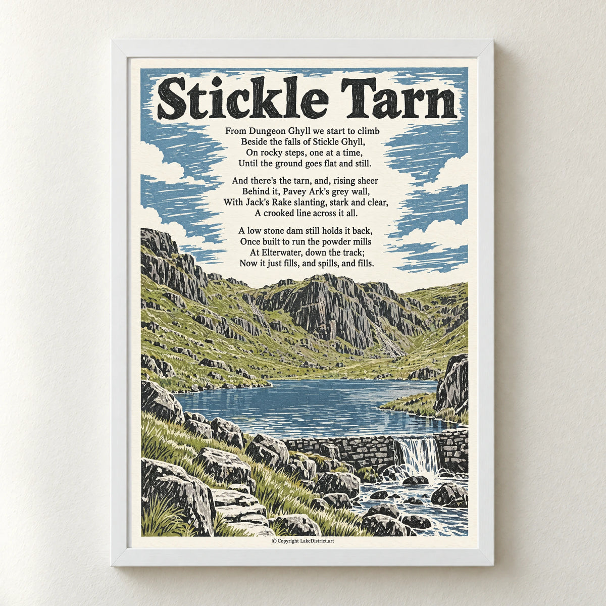 Stickle Tarn poem print in a white frame