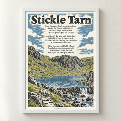 Stickle Tarn poem print in a white frame