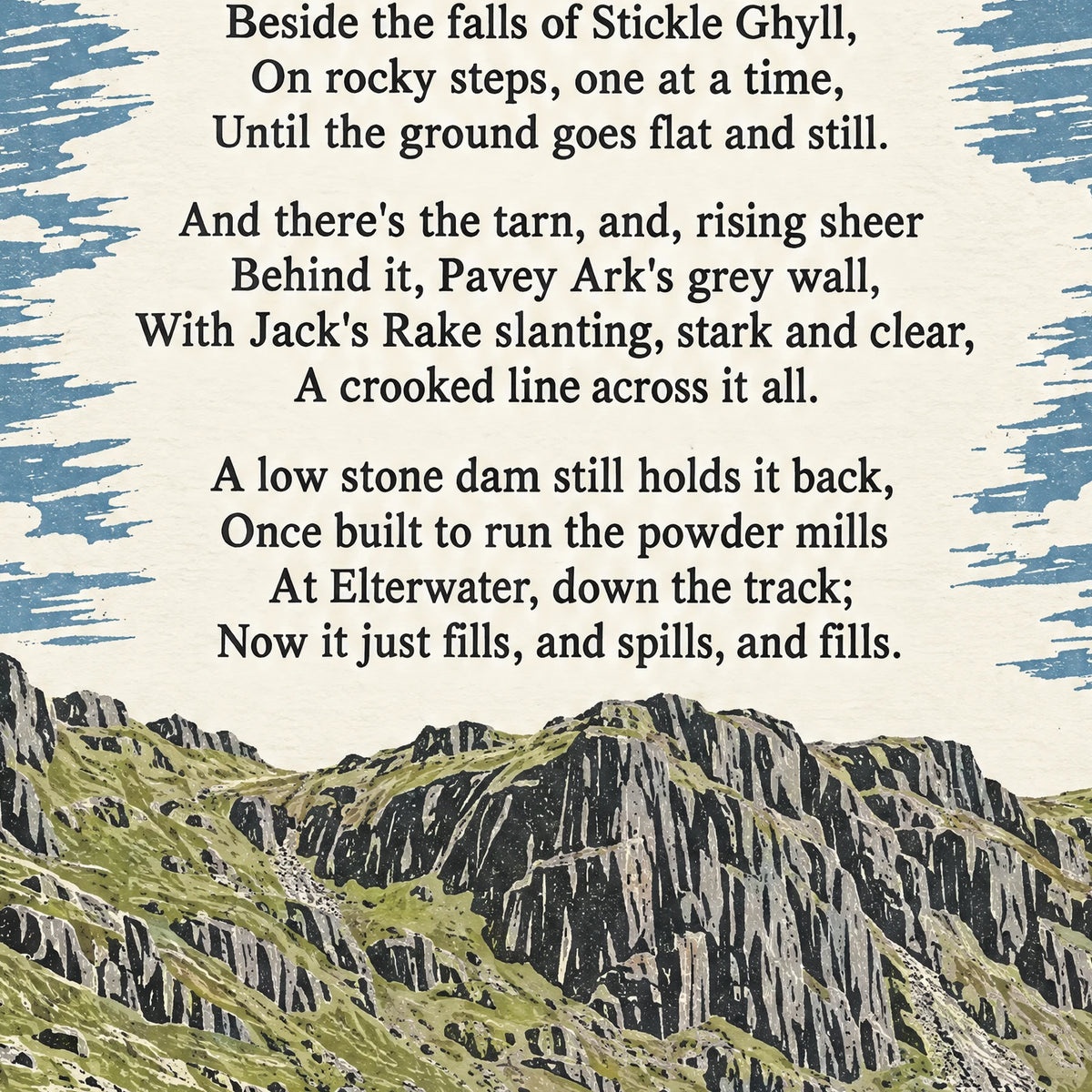 Stickle Tarn poem print close-up: the lettering of the poem