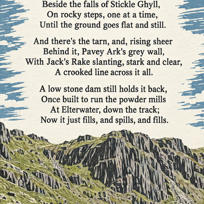 Stickle Tarn poem print close-up: the lettering of the poem
