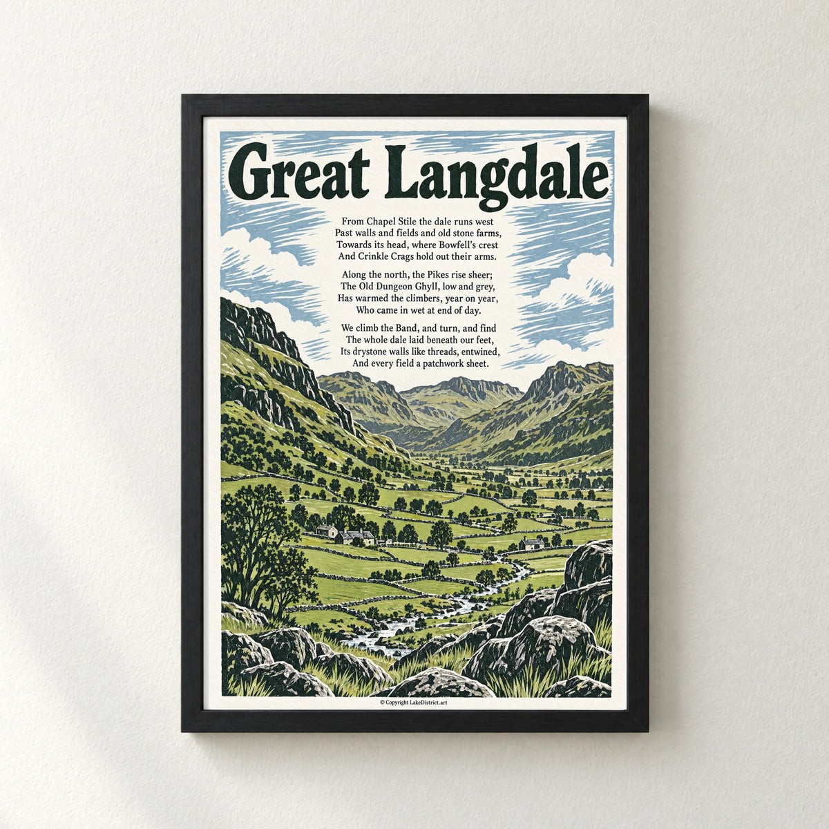 Great Langdale poem print in a black frame