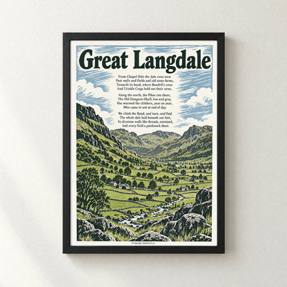 Great Langdale poem print in a black frame