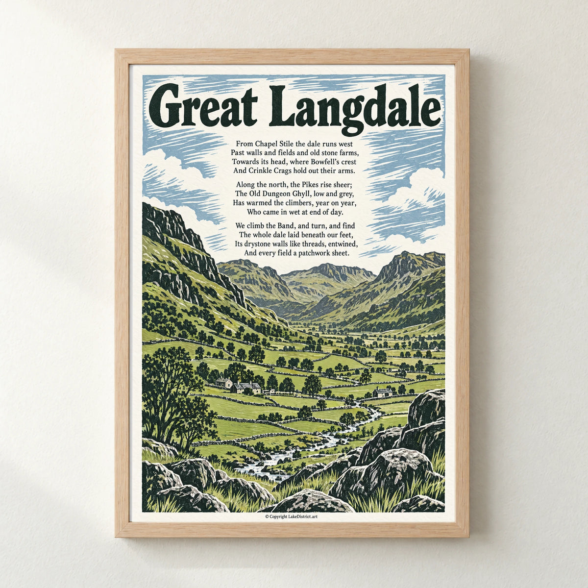 Great Langdale poem print in a natural frame