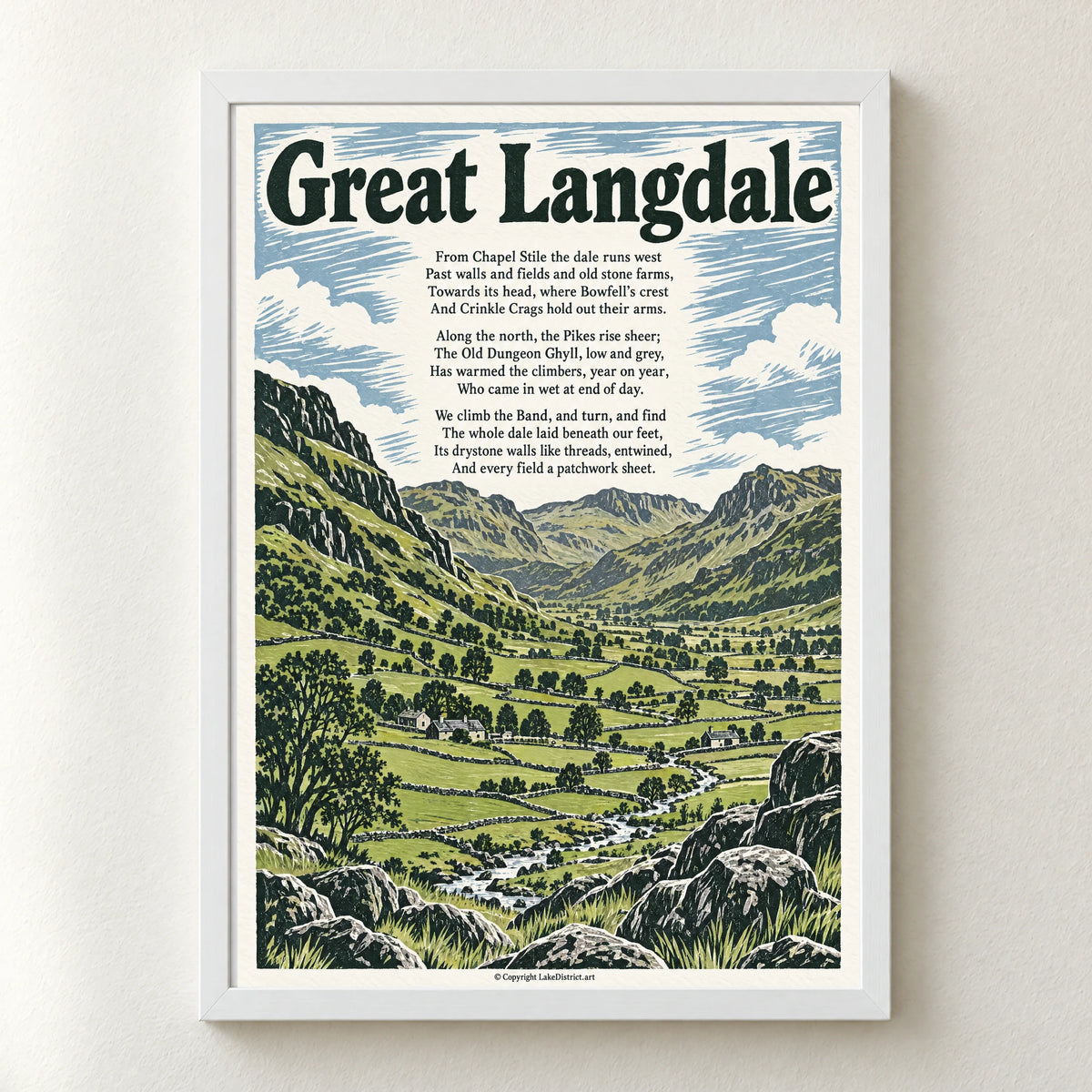 Great Langdale poem print in a white frame
