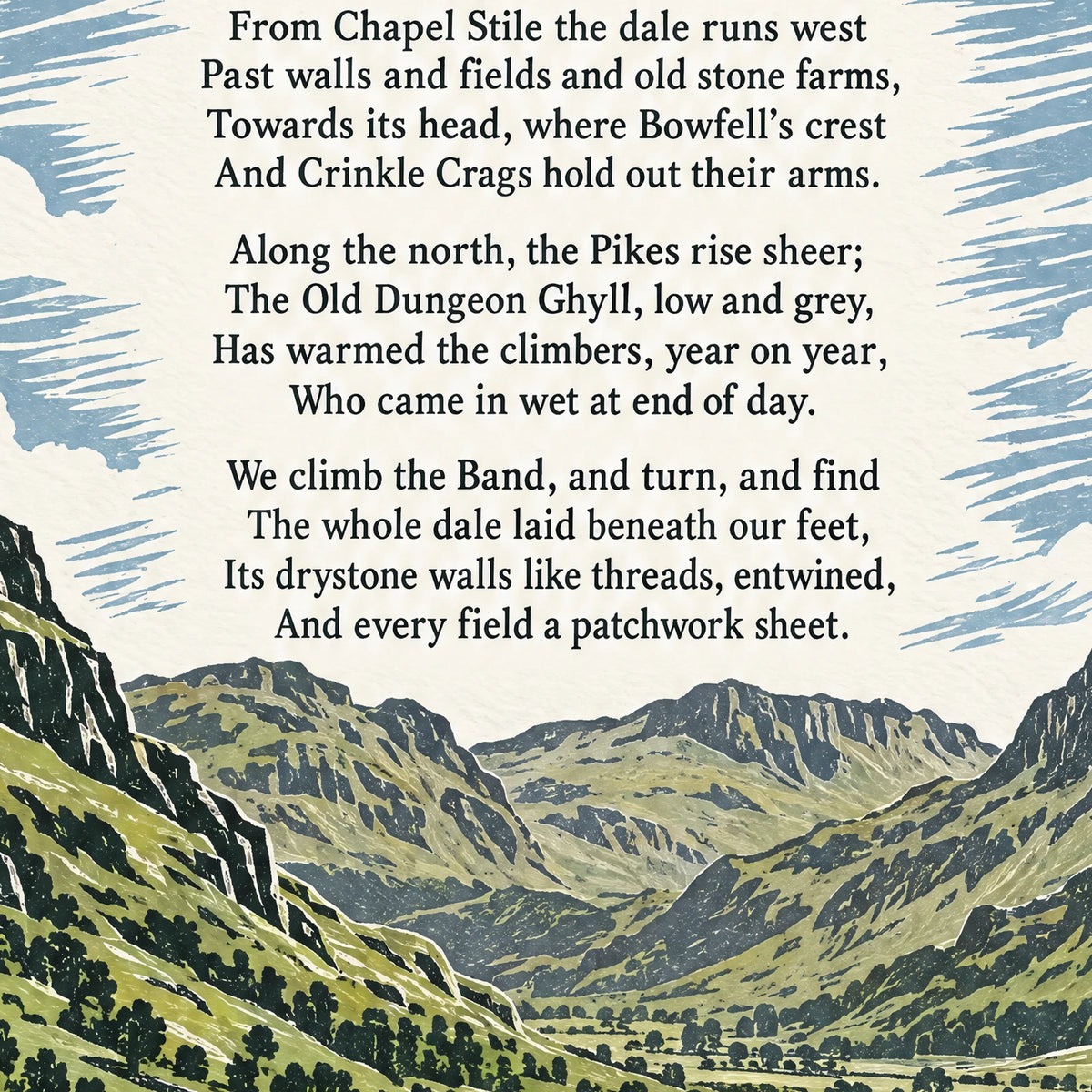 Great Langdale poem print close-up: the lettering of the poem