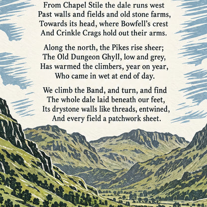 Great Langdale poem print close-up: the lettering of the poem