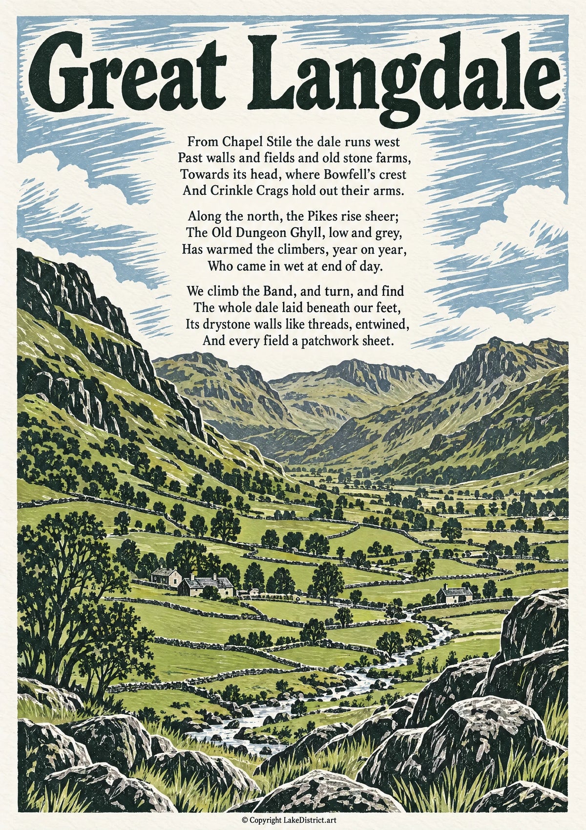 Great Langdale, an illustrated Lake District poem print
