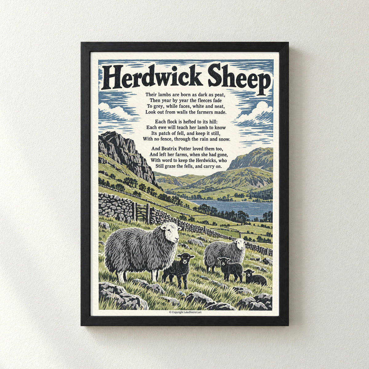 Herdwick Sheep poem print in a black frame