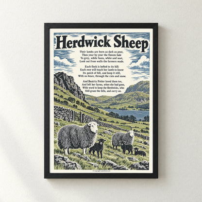 Herdwick Sheep poem print in a black frame