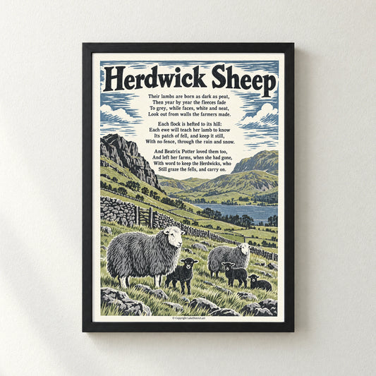 Herdwick Sheep poem print in a black frame