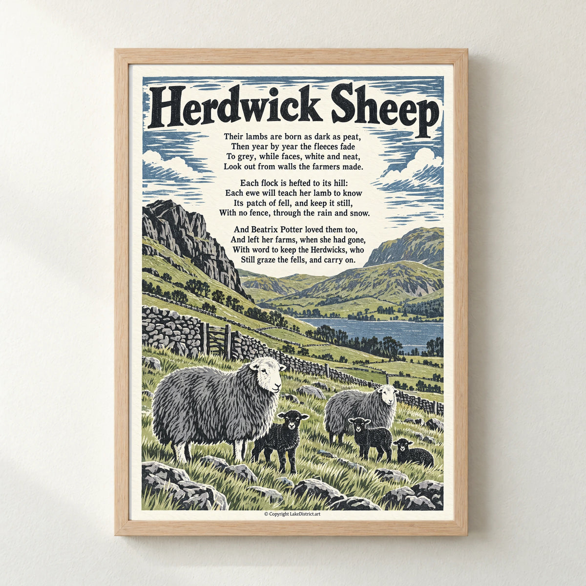 Herdwick Sheep poem print in a natural frame