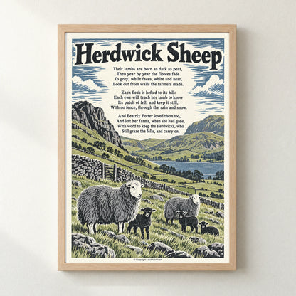Herdwick Sheep poem print in a natural frame