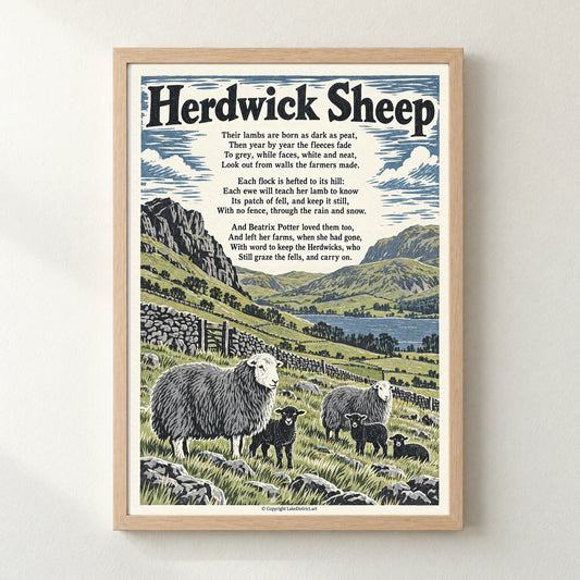 Herdwick Sheep poem print in a natural frame