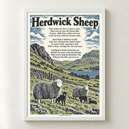 Herdwick Sheep poem print in a white frame