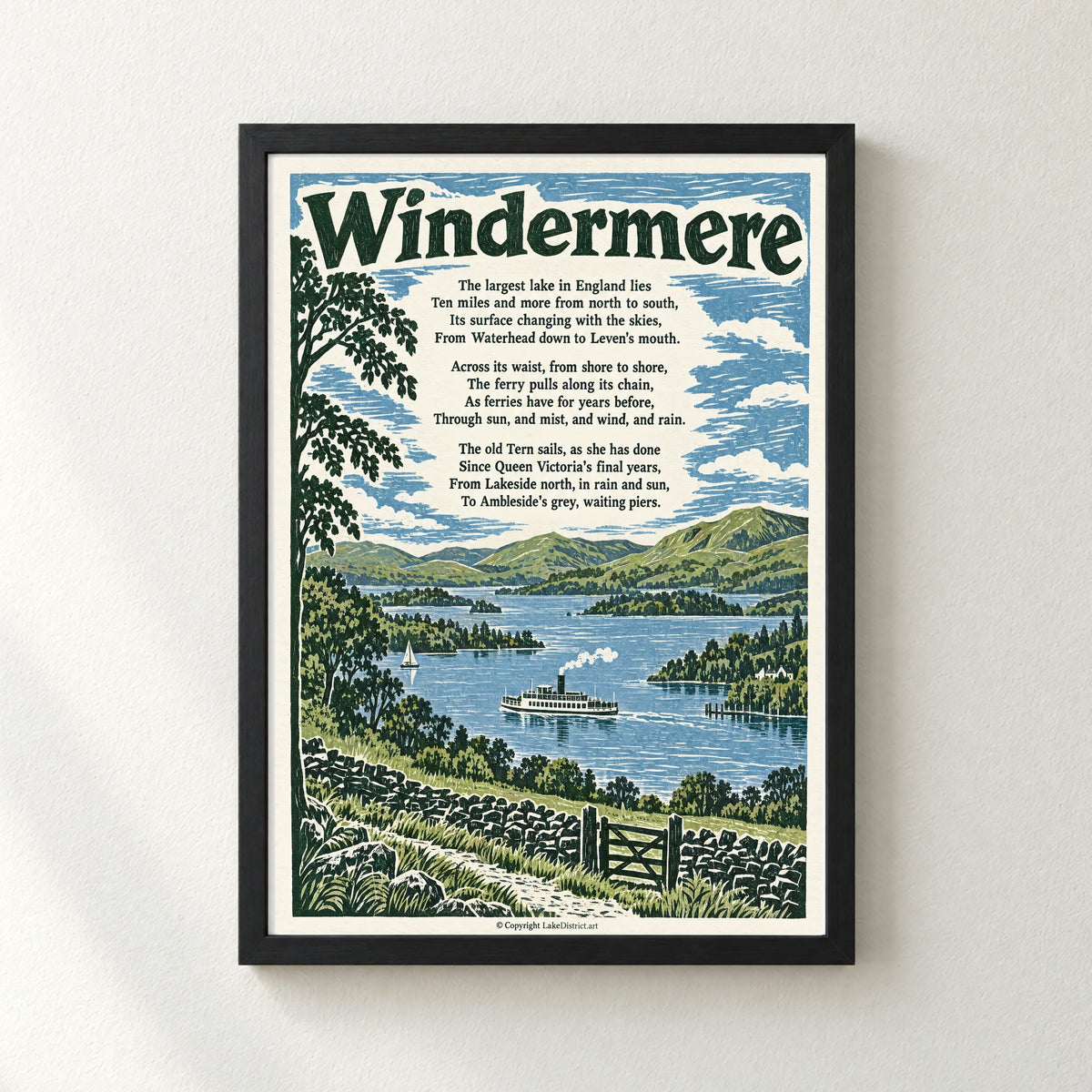Windermere poem print in a black frame