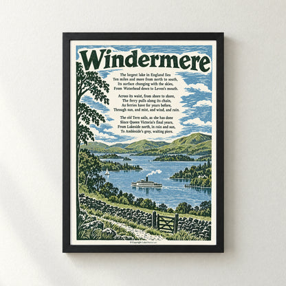 Windermere poem print in a black frame