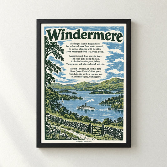Windermere poem print in a black frame