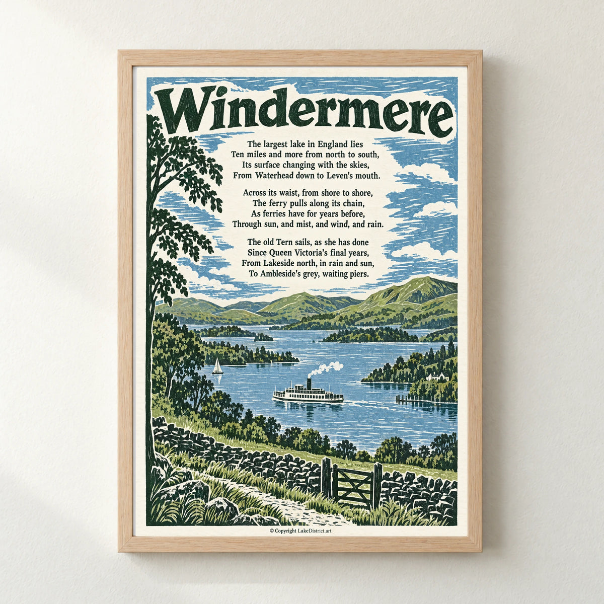 Windermere poem print in a natural frame