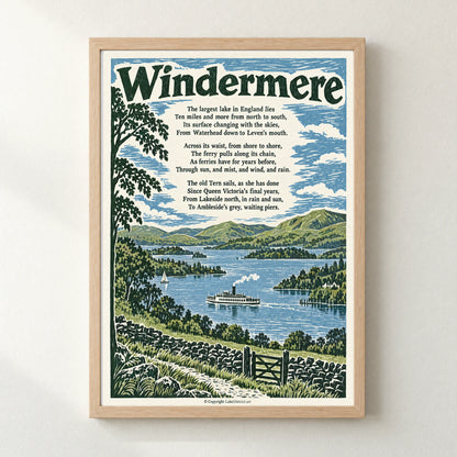 Windermere poem print in a natural frame