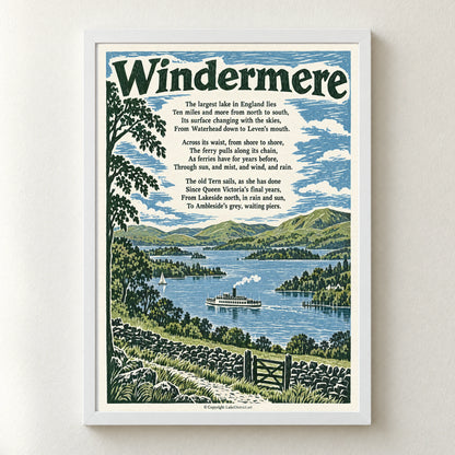 Windermere poem print in a white frame