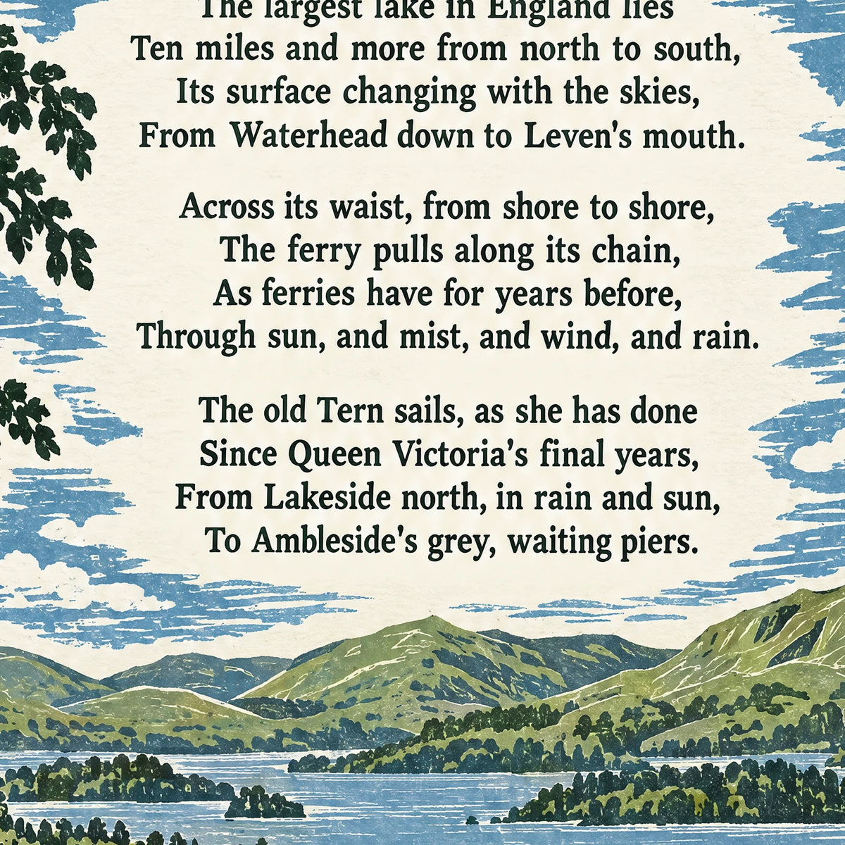 Windermere poem print close-up: the lettering of the poem