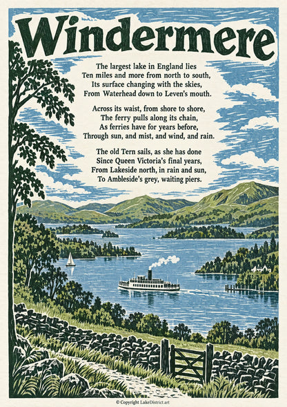Windermere, an illustrated Lake District poem print