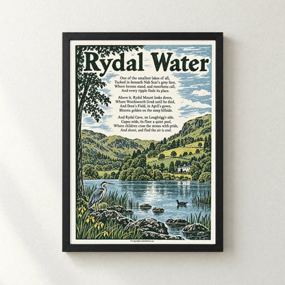 Rydal Water poem print in a black frame