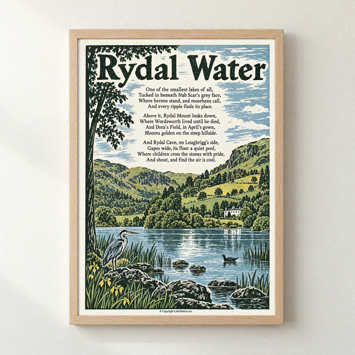 Rydal Water poem print in a natural frame