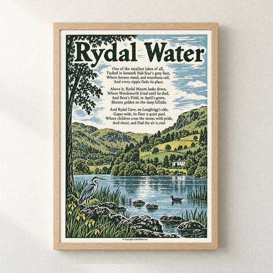 Rydal Water poem print in a natural frame