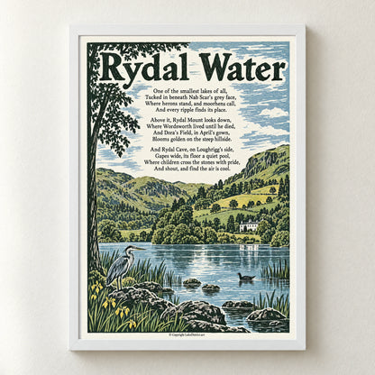 Rydal Water poem print in a white frame