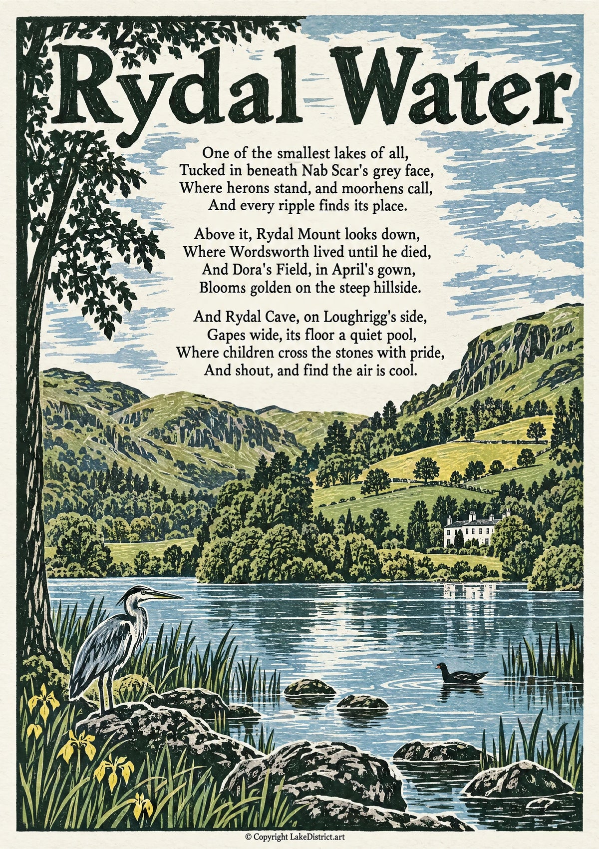 Rydal Water, an illustrated Lake District poem print