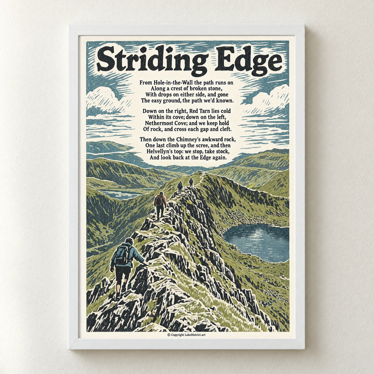 Striding Edge poem print in a white frame