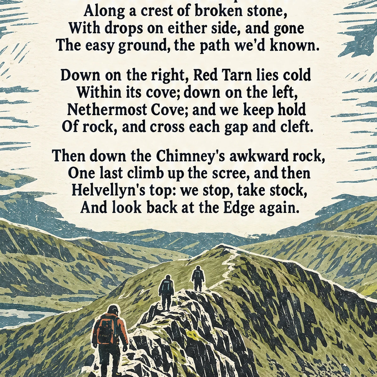 Striding Edge poem print close-up: the lettering of the poem