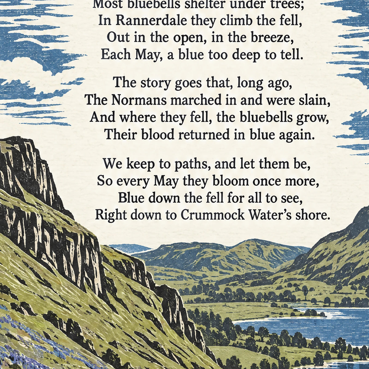 Rannerdale poem print close-up: the lettering of the poem