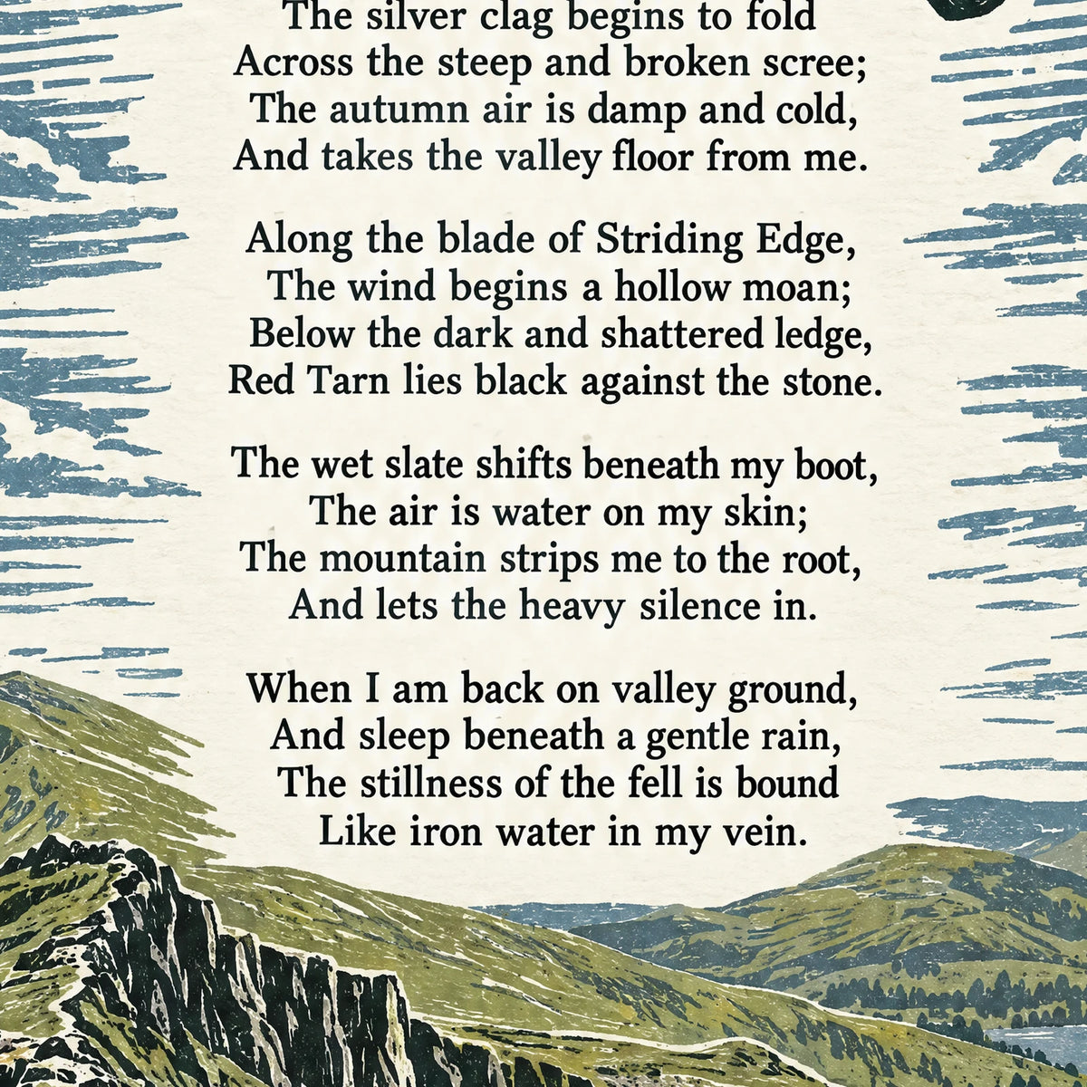 Helvellyn poem print close-up: the lettering of the poem