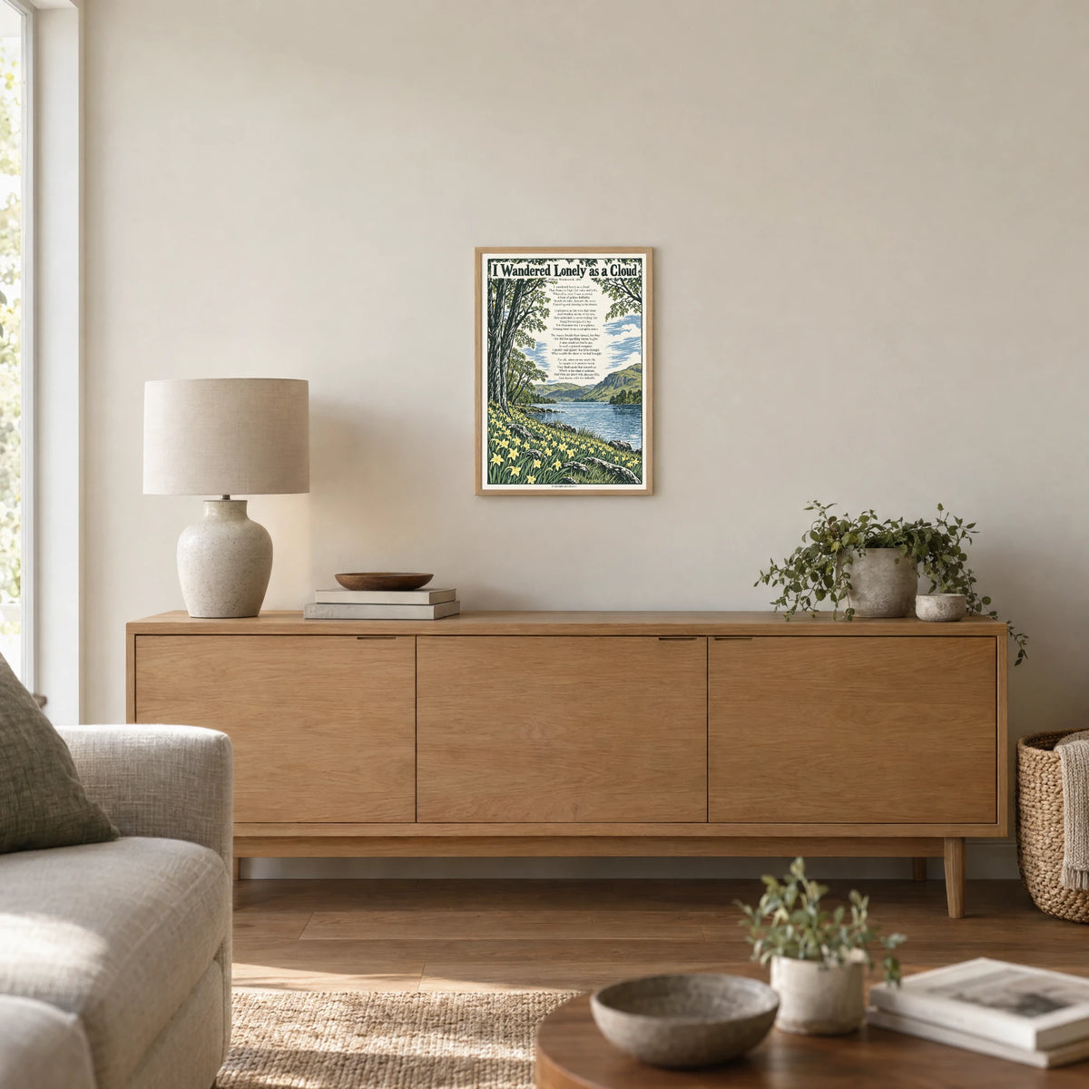 I Wandered Lonely as a Cloud poem print at A3 size, in a natural frame, hanging in a living room