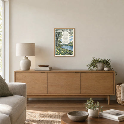I Wandered Lonely as a Cloud poem print at A3 size, in a natural frame, hanging in a living room