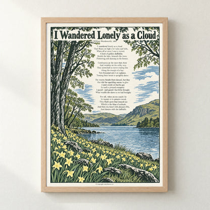 I Wandered Lonely as a Cloud poem print in a natural frame