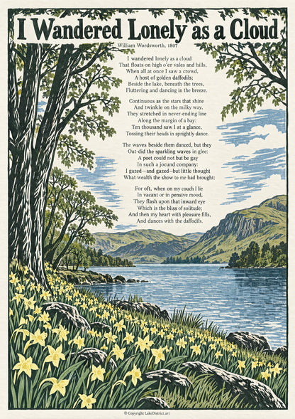 I Wandered Lonely as a Cloud, an illustrated Lake District poem print