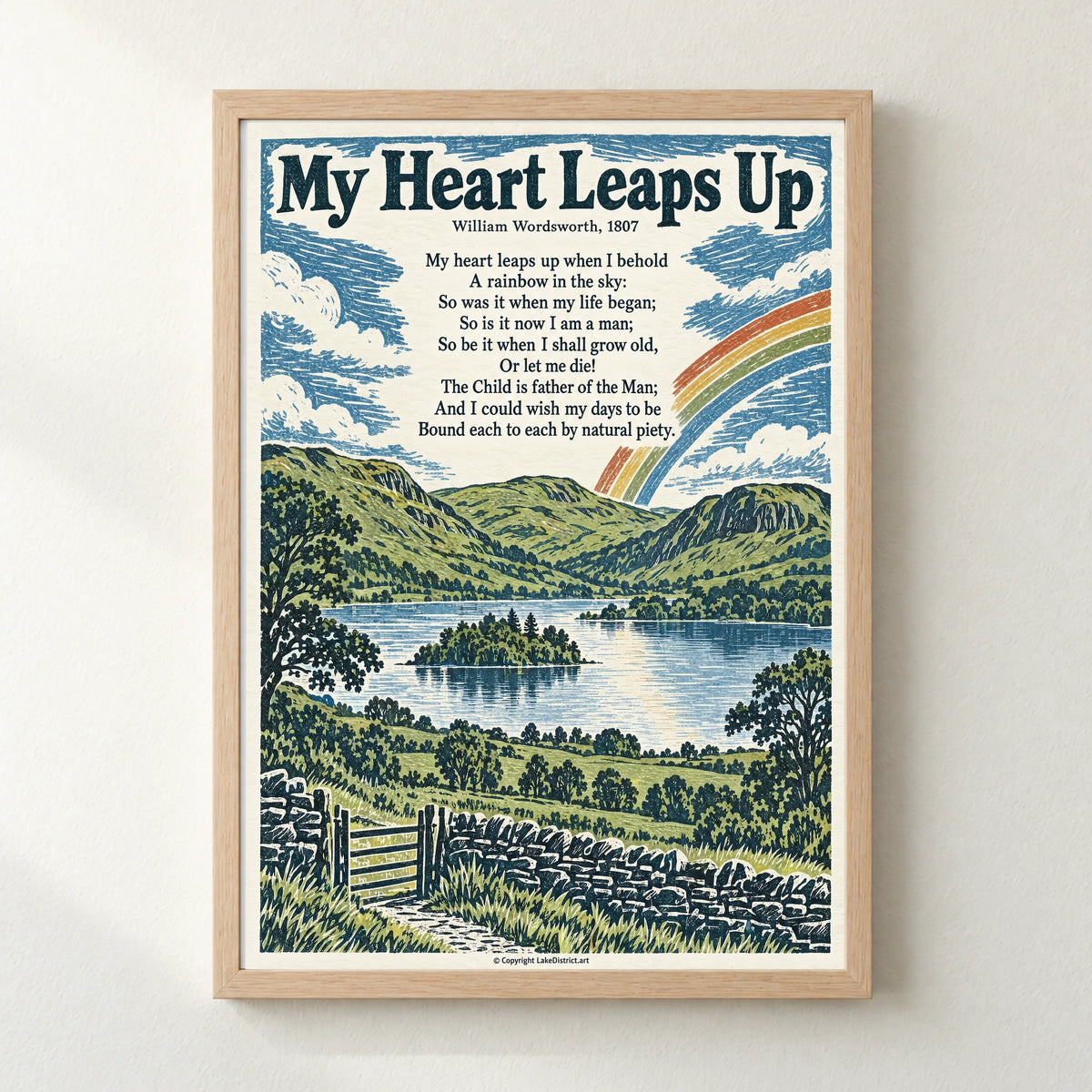 My Heart Leaps Up poem print in a natural frame