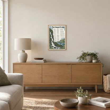The Cataract of Lodore poem print at A3 size, in a natural frame, hanging in a living room