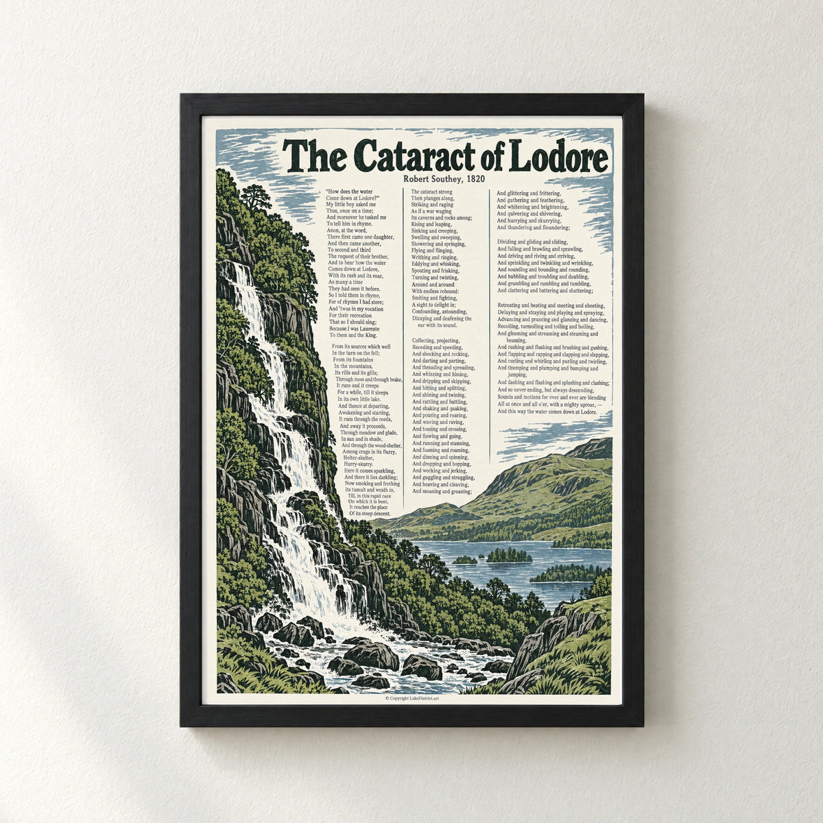 The Cataract of Lodore poem print in a black frame
