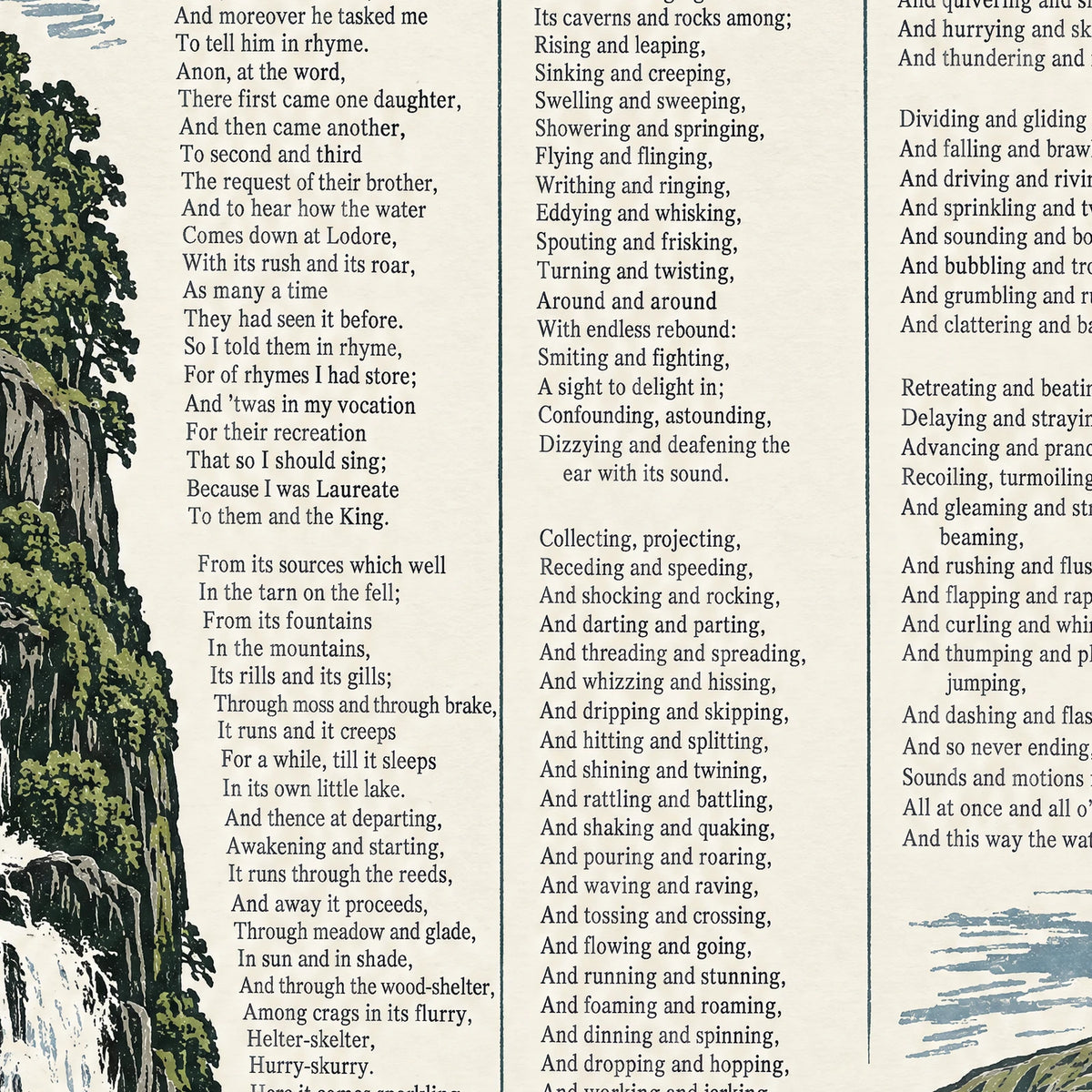 The Cataract of Lodore poem print close-up: the lettering of the poem