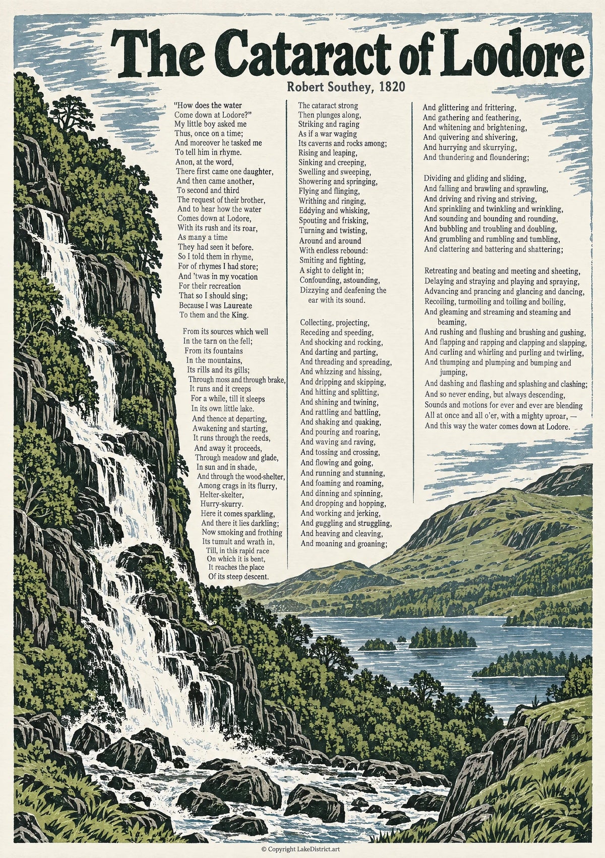 The Cataract of Lodore, an illustrated Lake District poem print