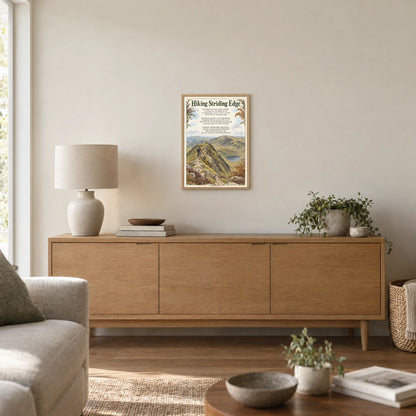 Hiking Striding Edge poem print at A3 size, in a natural frame, hanging in a living room