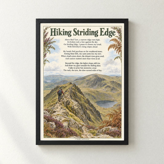 Hiking Striding Edge poem print in a black frame